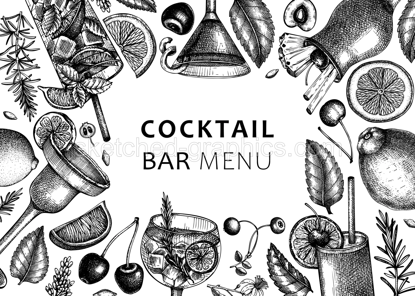 Alcoholic cocktails background. Glass of margarita, mojito, Pina colada, cosmopolitan, tequila sunrise banner design. Hand-sketched cocktails frame. Isolated black and white vector drinks illustration Illustration